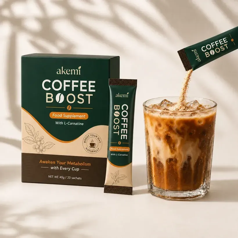 Akemi Coffee Boost box, sachet and iced coffee