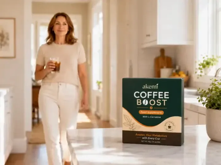 Woman with iced coffee and Akemi Coffee Boost box